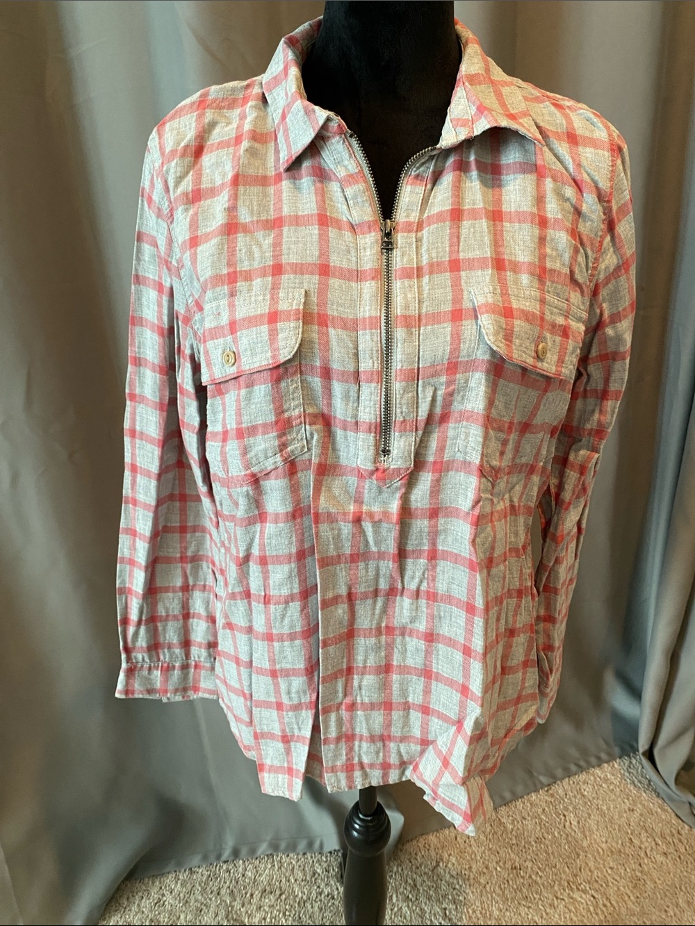 G.H. Bass & Co. Pink and gray Checked Half-Zip Button Down Shirt